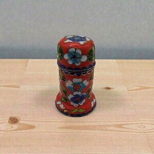 Vintage Cloisonné Enamel Floral Design Red & Blue Lipstick Holder Or Trinket Box